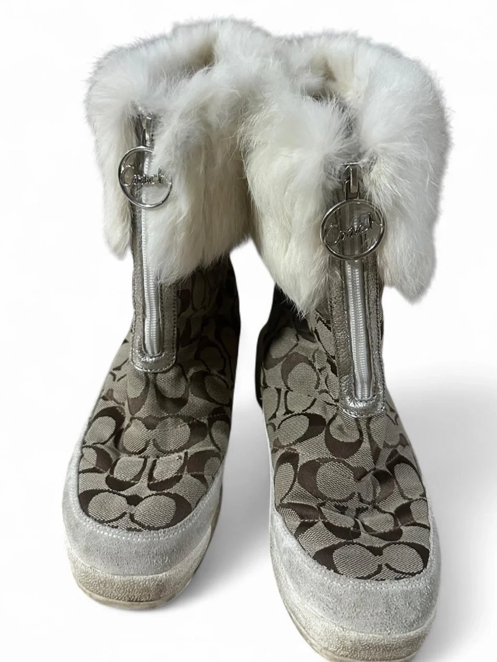 Coach Faith Fur Trimmed Winter Boots in Monogram Pattern